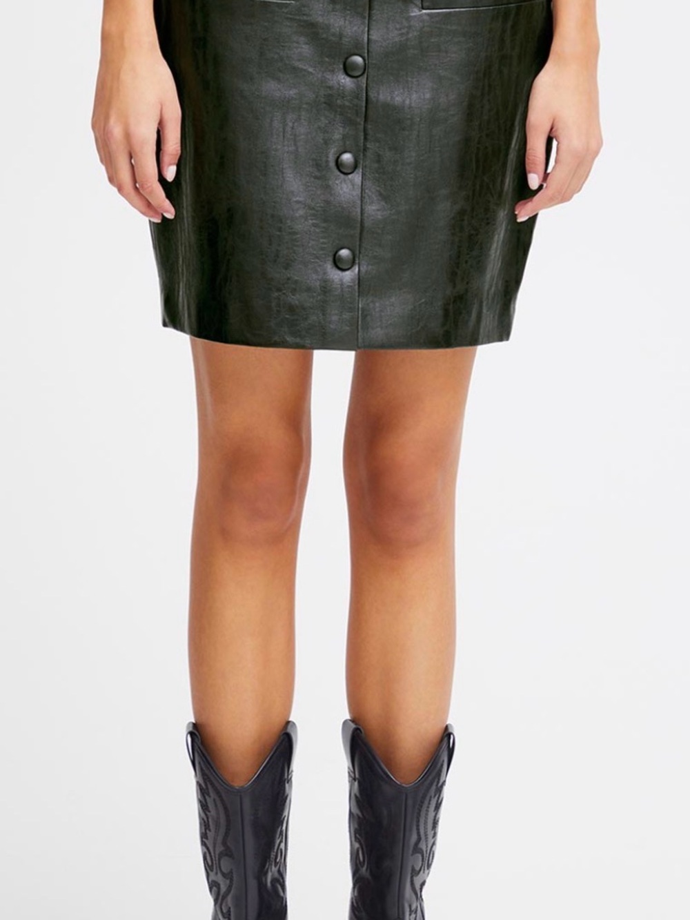 ICHI LEANI Faux Leather Button-Front Mini Skirt - Black